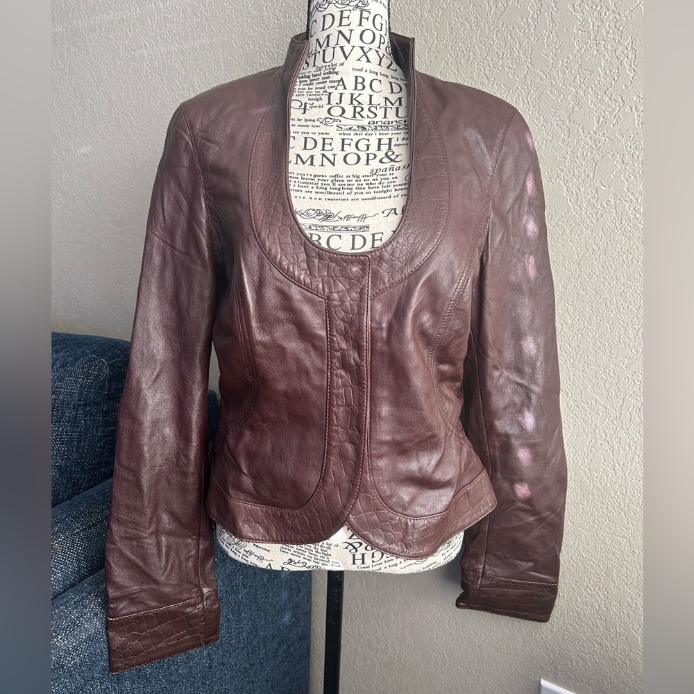 Cache Brown 100% Lamb Leather Jacket Half Collar Buttery Soft Size 10 Retro Y2K